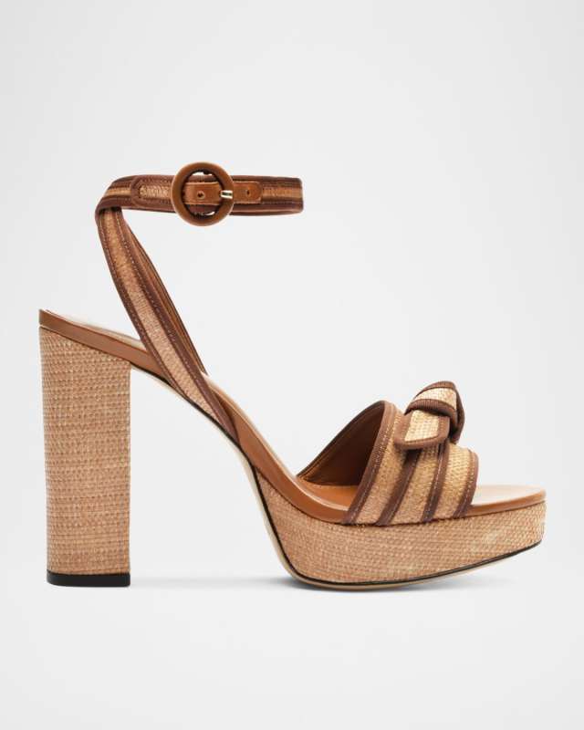 Raffia Bow Ankle-Strap Platform Sandals